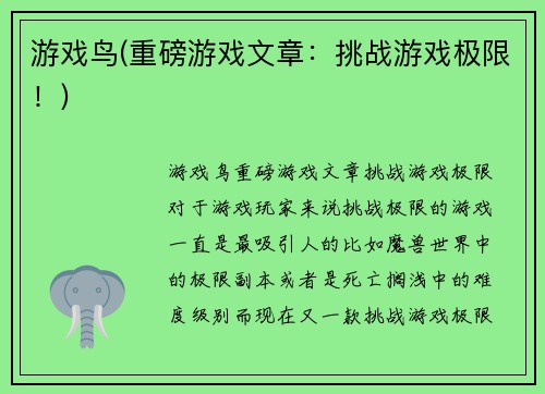 游戏鸟(重磅游戏文章：挑战游戏极限！)